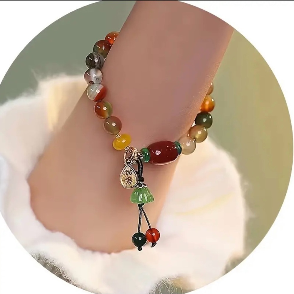 Exquisite Ethnic Chinese Style Vintage Glass Lotus Charm Natural Stone Bracelet